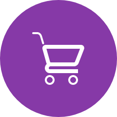 Violetter Kreis mit weißem Einkaufswagen Icon