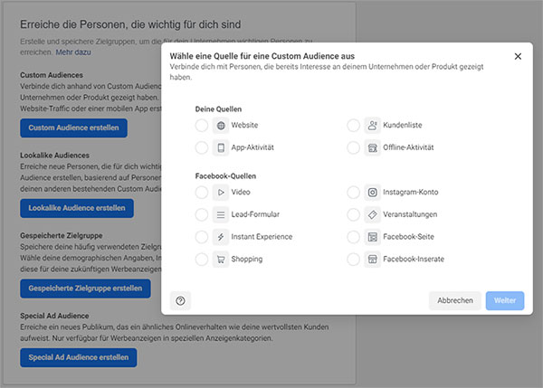 Auswahl der Quelle für Kundendaten in der Facebook Custom Audience Tool