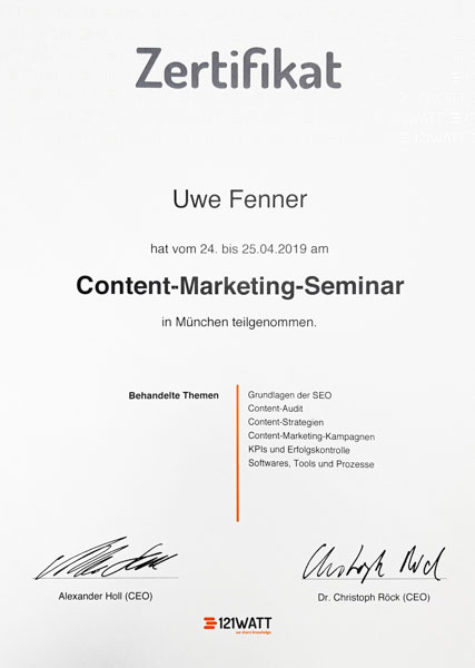 Zertifikat von Uwe Fenner: Content-Marketing-Seminar