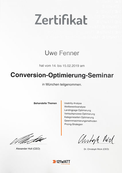 Zertifikat von Uwe Fenner: Conversion-Optimierung-Seminar