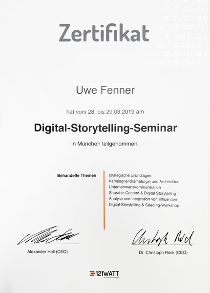 Zertifikat von Uwe Fenner: Digital-Storytelling-Seminar