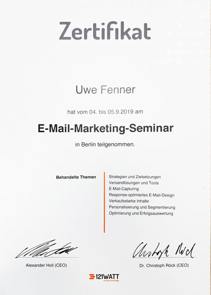 Zertifikat von Uwe Fenner: E-Mail-Marketing-Seminar