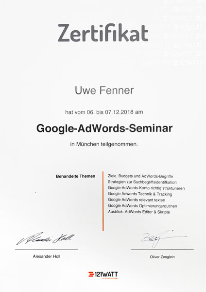 Zertifikat von Uwe Fenner: Google-AdWords-Seminar