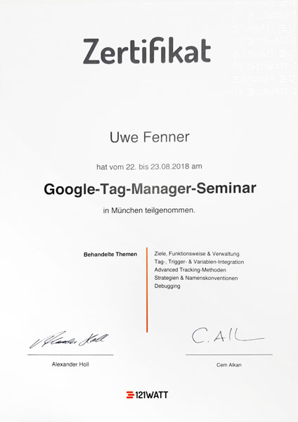 Zertifikat von Uwe Fenner: Google-Tag-Manager-Seminar