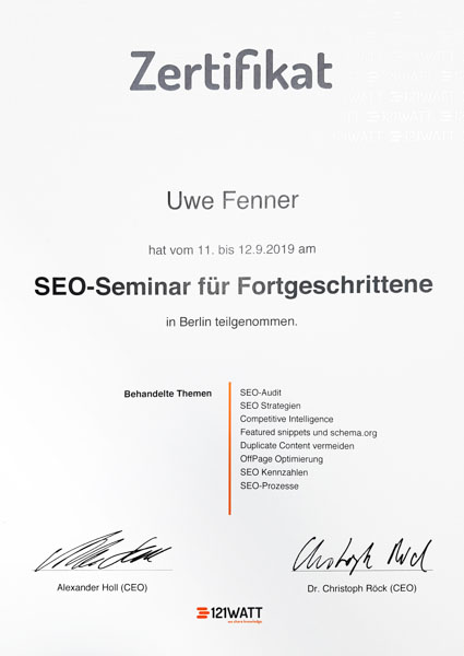 Zertifikat von Uwe Fenner: SEO-Seminar für Fortgeschrittene